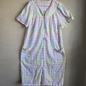 Elegant Emily Duster Robe Seersucker Rainbow Pastel Plaid Pearl Snap Sz XL